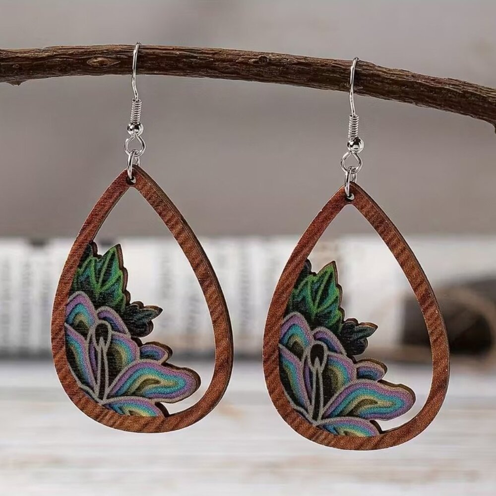 Wooden Floral Leaf Boho Dangle Drop Earrings